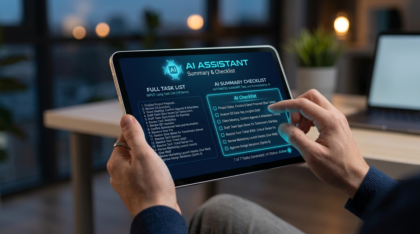 Hands holding tablet displaying AI assistant summarizing tasks into simple checklist