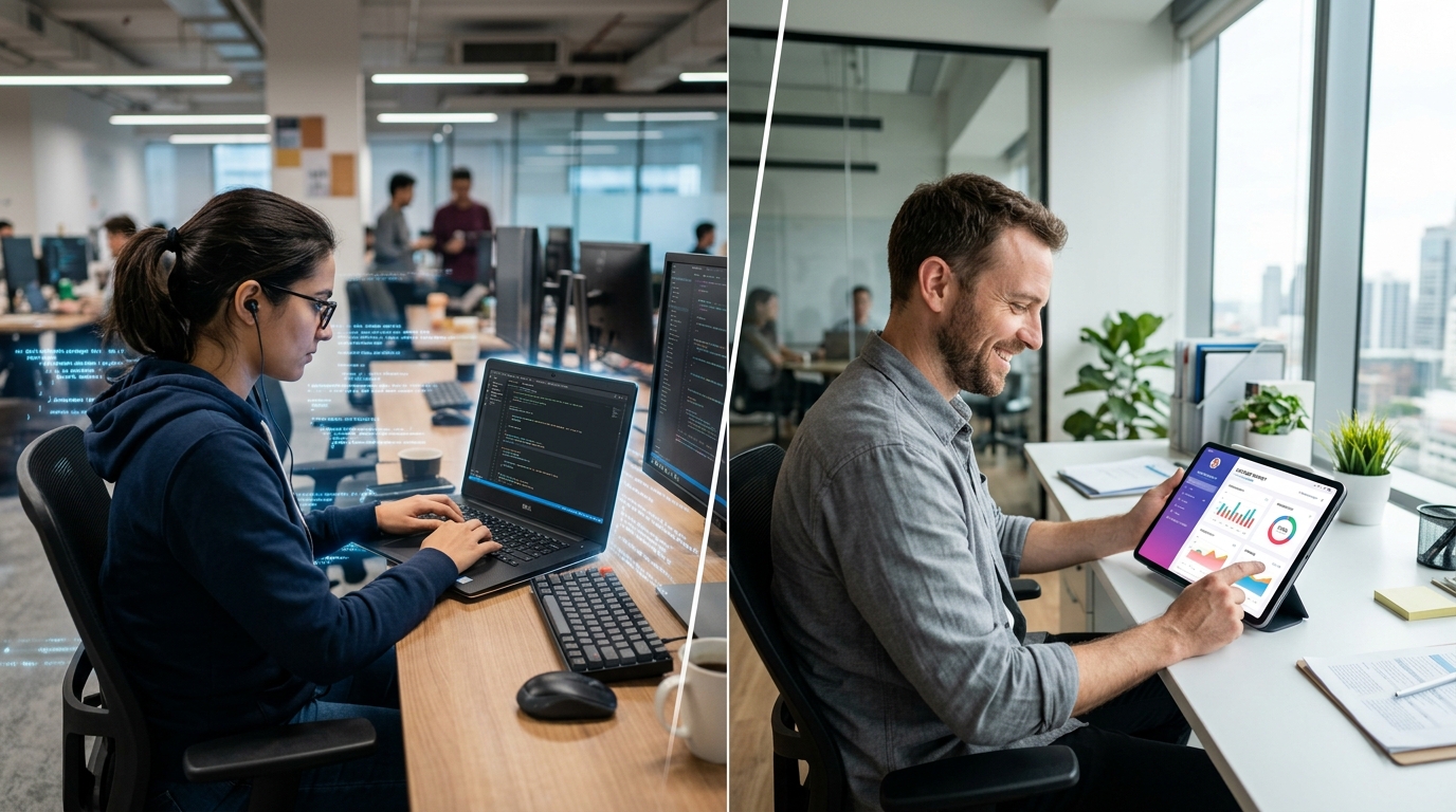 Split screen developer coding with AI and modern corporate digital workflows