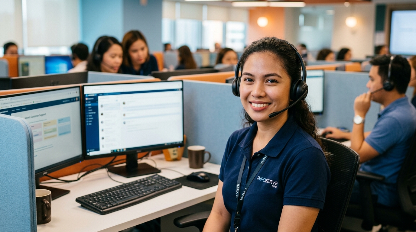 Confident, smiling BPO employee wearing headset at modern workstation