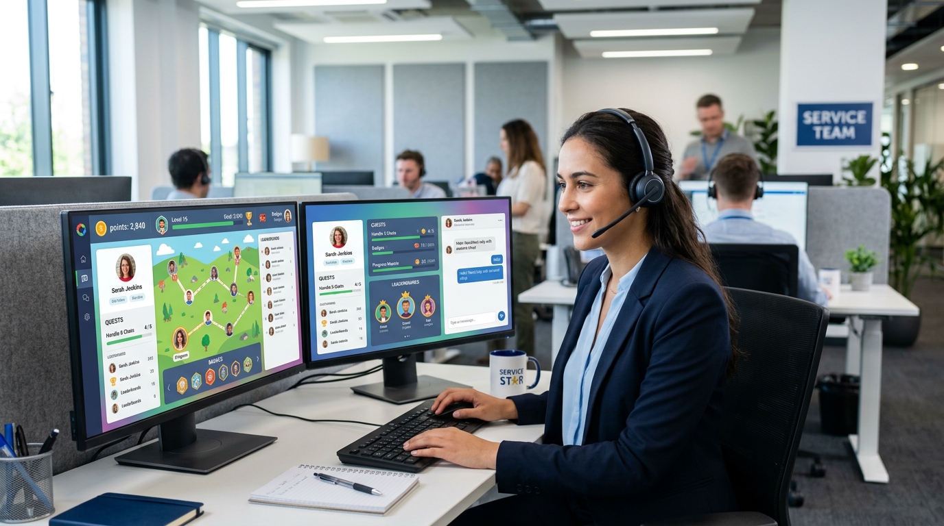 Focused customer service agent using gamified software simulation on dual monitors
