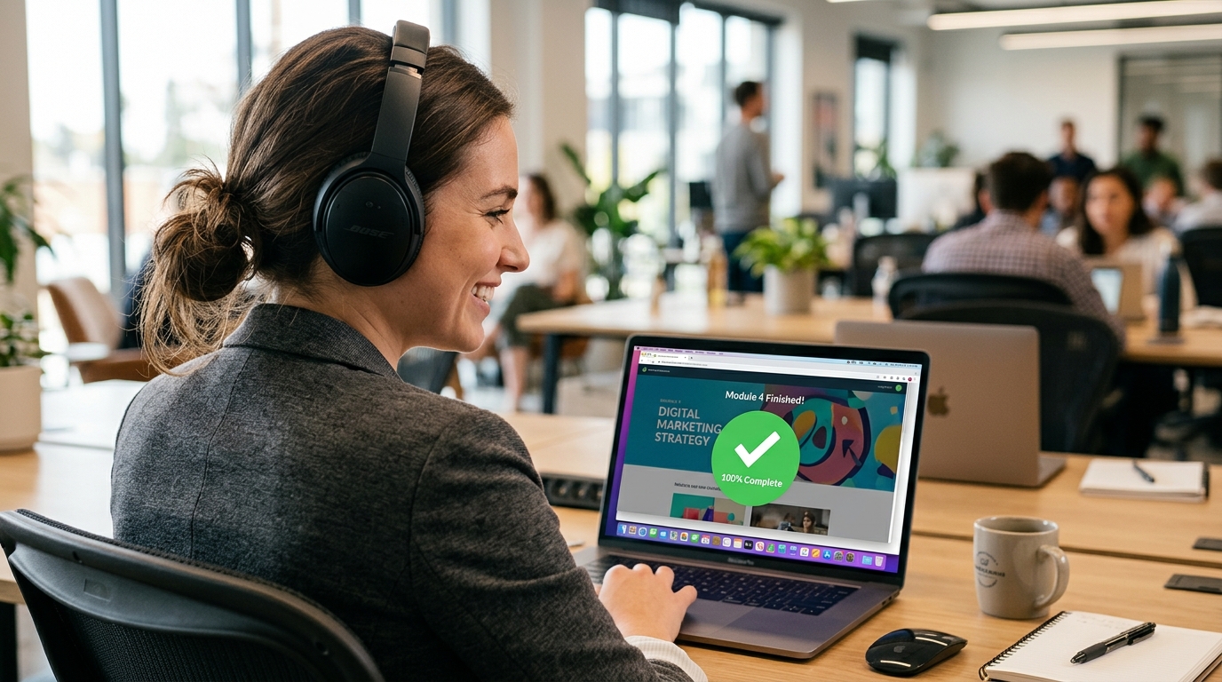 Young professional completing interactive corporate training course with 100% checkmark