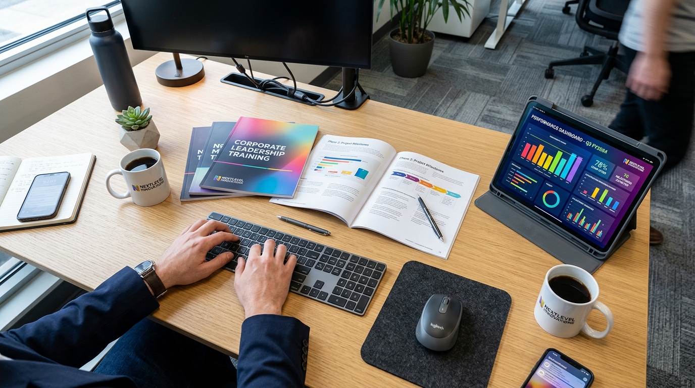 Modern desk with corporate training materials, keyboard, and progress analytics tablet