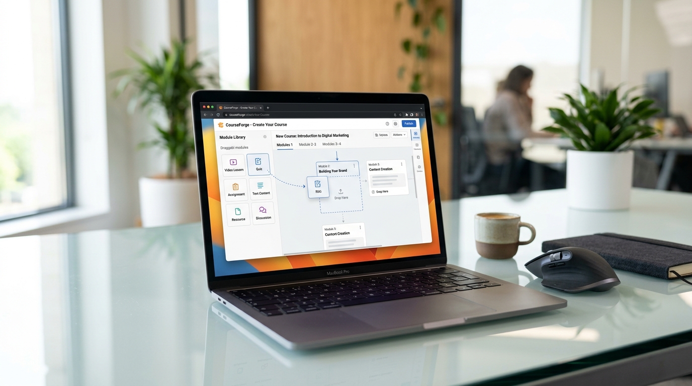 Modern laptop showing user-friendly drag and drop course builder software interface
