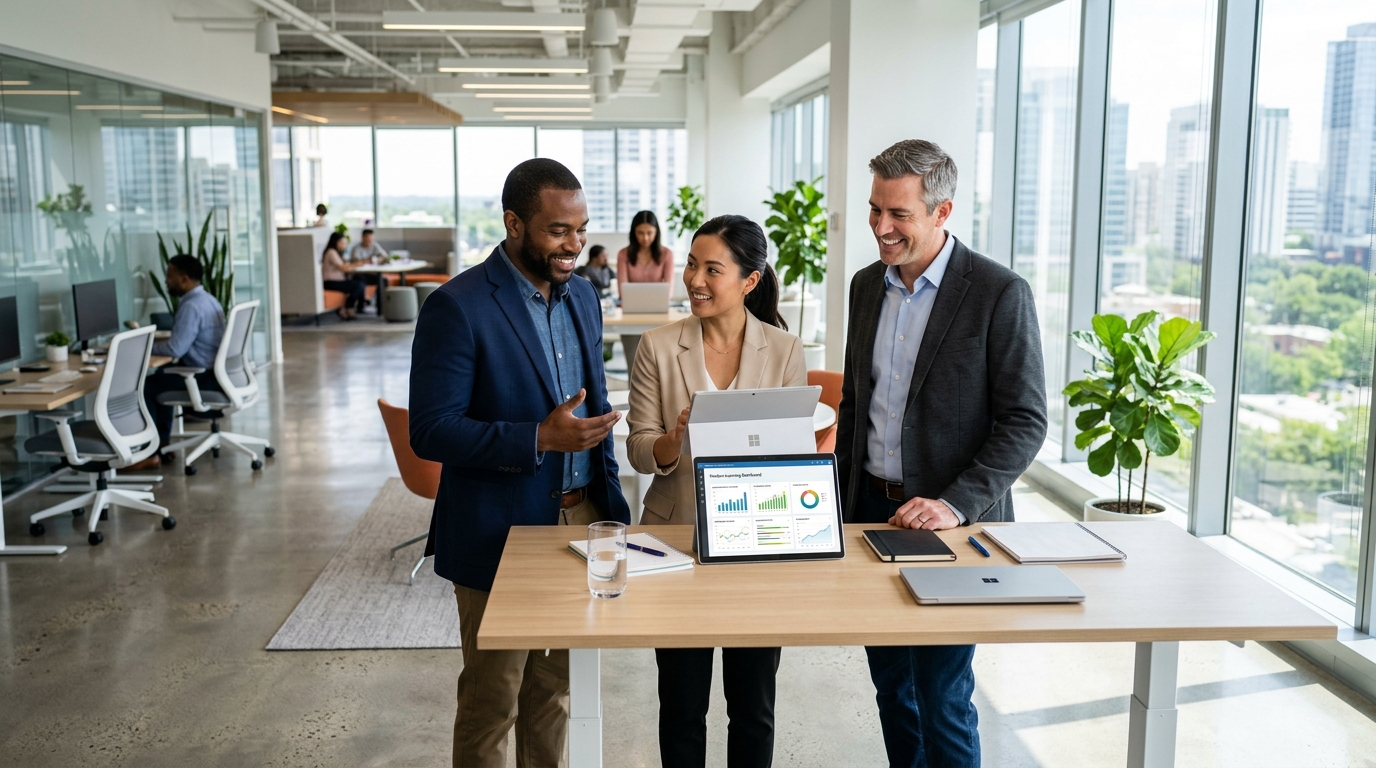 Diverse professionals collaborating around a modern learning dashboard