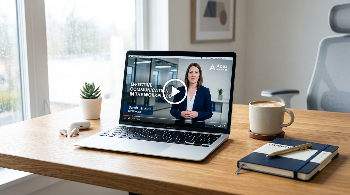 Clean minimal workspace with corporate video training on laptop screen