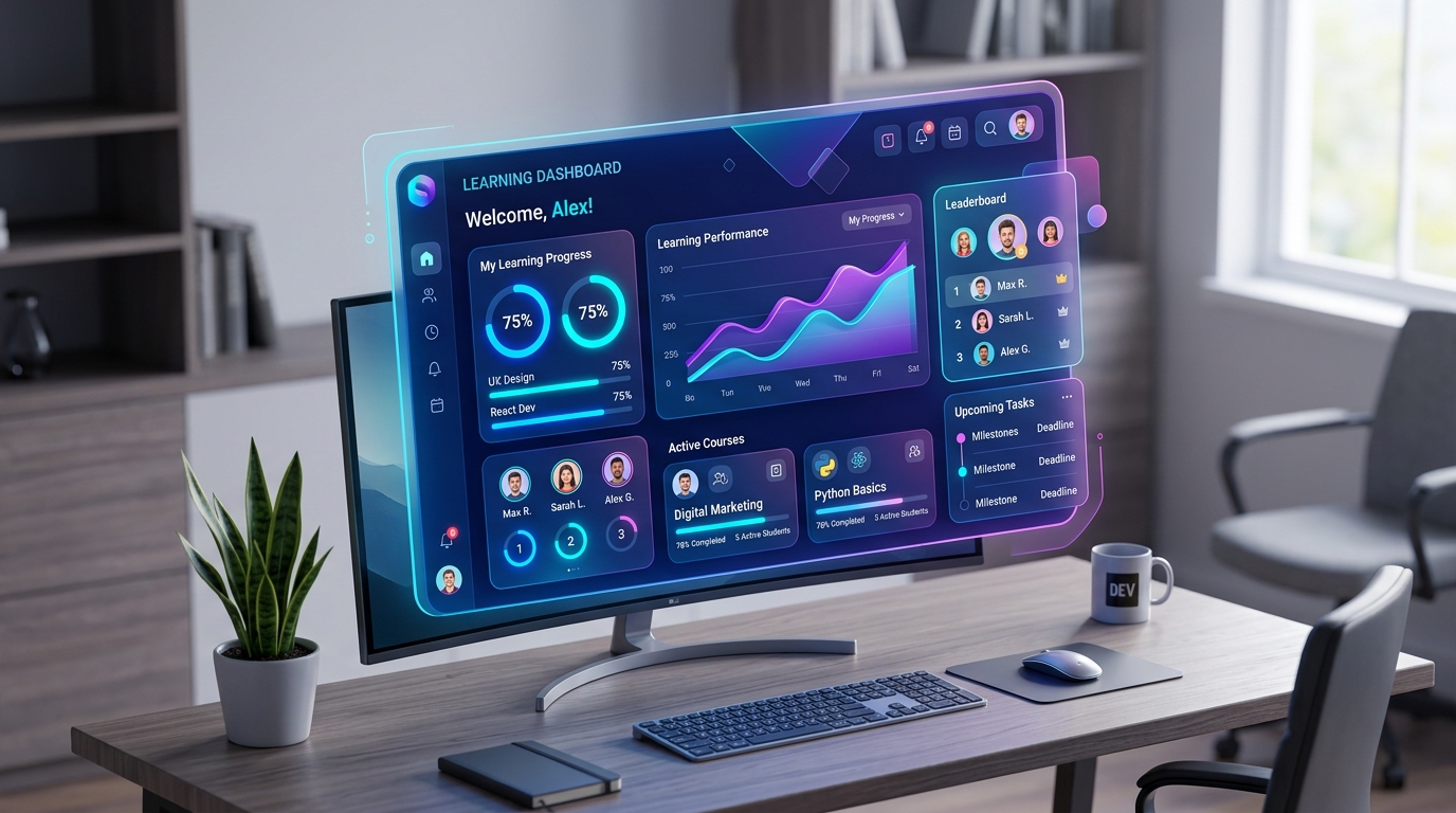 Stylized 3D isometric modern learning management dashboard
