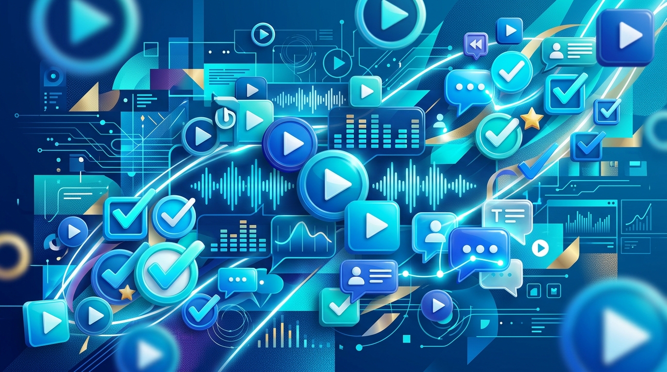 Vibrant 3D abstract digital media creation icons, waveforms, and interactive elements