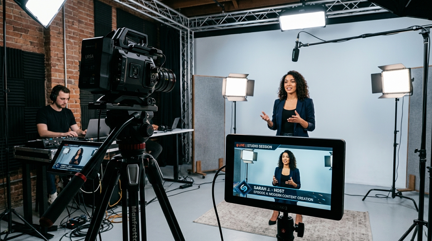 Behind-the-scenes modern content creation studio with camera and presenter